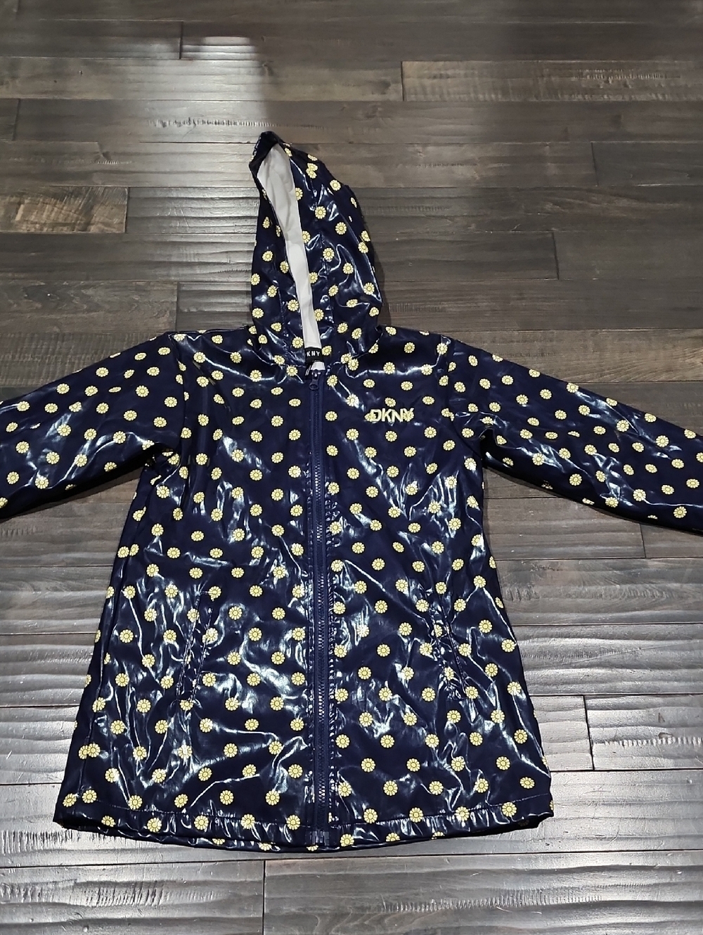 DKNY Navy Hooded Rain Jacket with Yellow Daisy Print